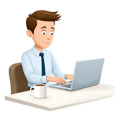A cartoon man working on a laptop at a desk with a coffee cup next to him in a white background scene on transparent background