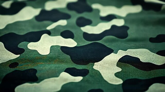 Camouflage textile: A photorealistic close-up of camouflage fabric, featuring a blend of green, black, and white patterns, symbolizing military, outdoors and defence themes. 