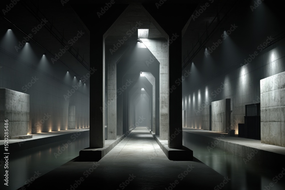 Aufkleber a long, dark corridor with concrete columns and walls, illuminated by spotlights, creating a dramati
