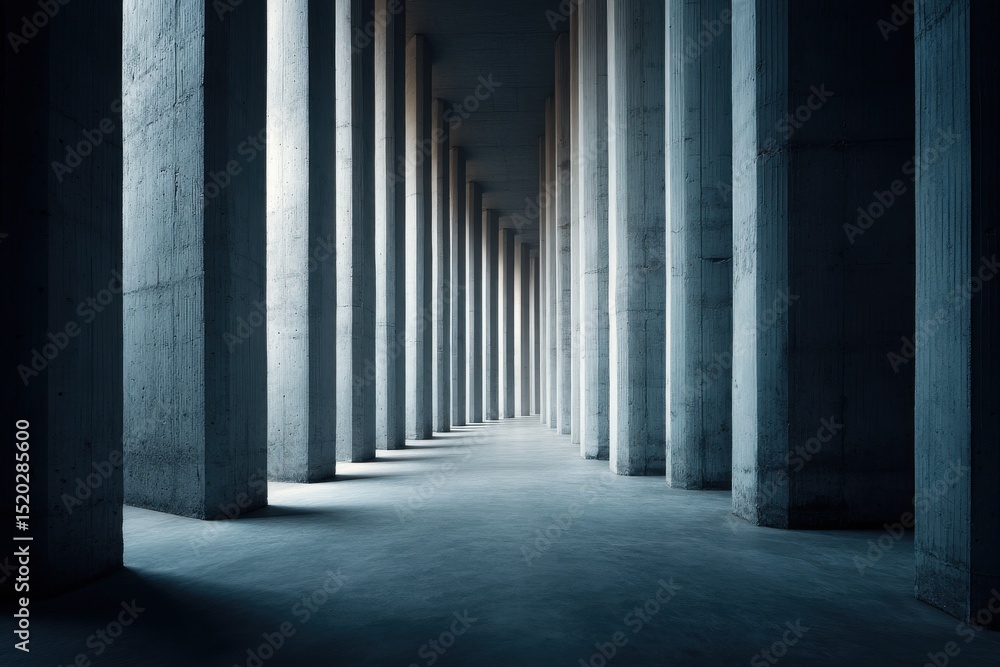 Poster a long perspective view of parallel concrete pillars with light and shadow play, creating an abstrac