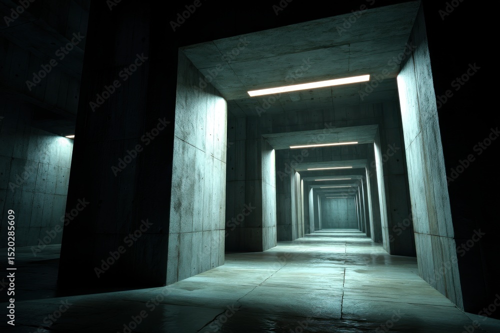 Poster a long concrete tunnel with repeating arches and linear lights, leading to an indistinct vanishing p