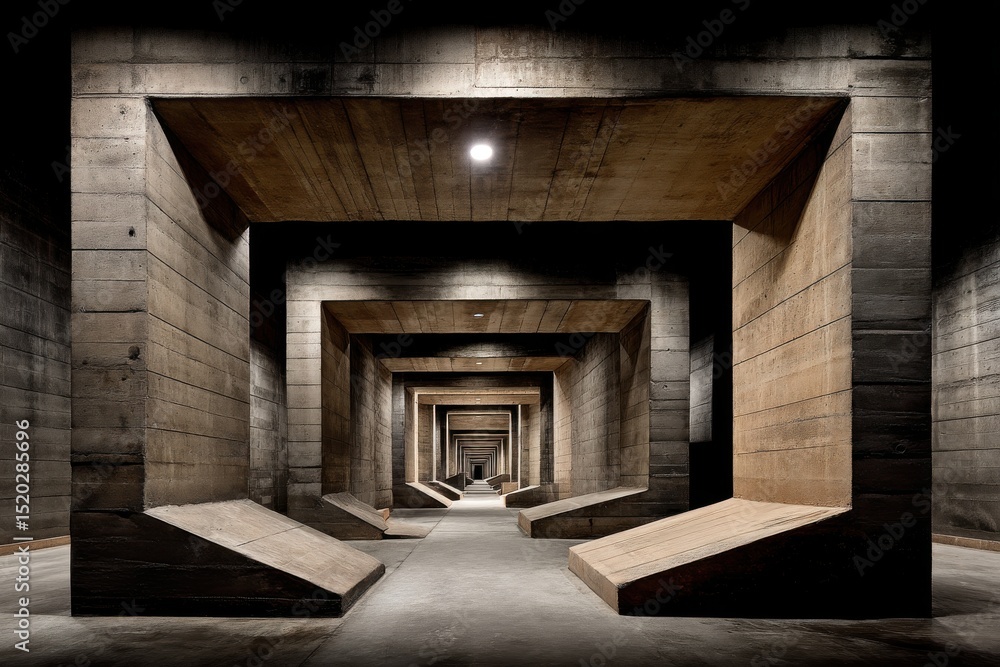 Poster an eerie, concrete tunnel with repetitive structures fading into a dark vanishing point, lit by a si