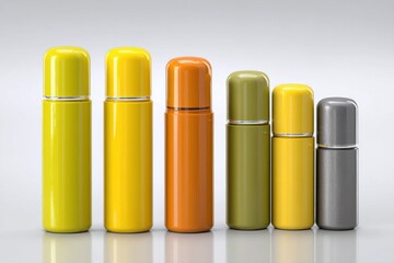 A set of colorful and modern cosmetic bottles, arranged in a row, perfect for showcasing vibrant beauty and personal care products, presenting a sleek design.