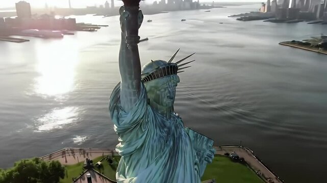 Statue of Liberty aerial pulling back from close up with Manhattan skyline in background in New York City NYC.