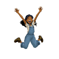 A joyful cartoon girl with dark skin jumping in the air with arms raised and a bright smile on a black background on transparent background