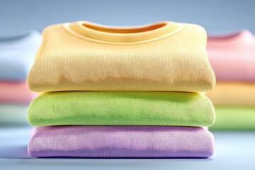 Stack of neatly folded pastel sweaters, adding a touch of spring to the closet, providing coziness and fashion-forward style, and offering ultimate comfort for everyday wear.