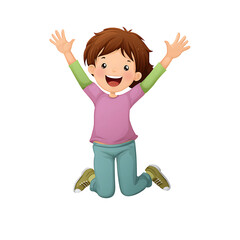 A cartoon girl with brown hair and a pink shirt is kneeling with her arms raised in a joyful expression on transparent background