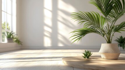 Fototapeta premium Sunlit minimalist room interior with potted plants on wooden tray.