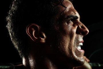 A close up of a determined bodybuilder straining with a barbell, his face showing intense effort and sweat in a dark gym, showcasing power and dedication to fitness.