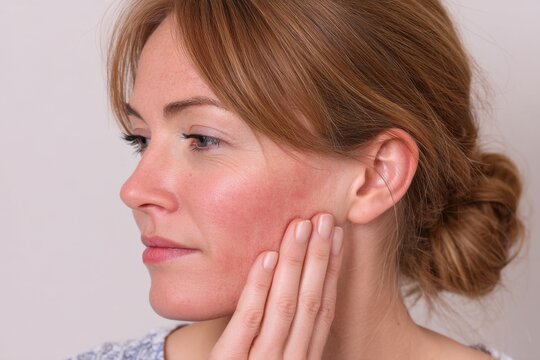 A close up of a fair-skinned woman with red cheeks, touching her face with her hand, showing rosacea, redness, or a skin condition, soft focus for a gentle look.