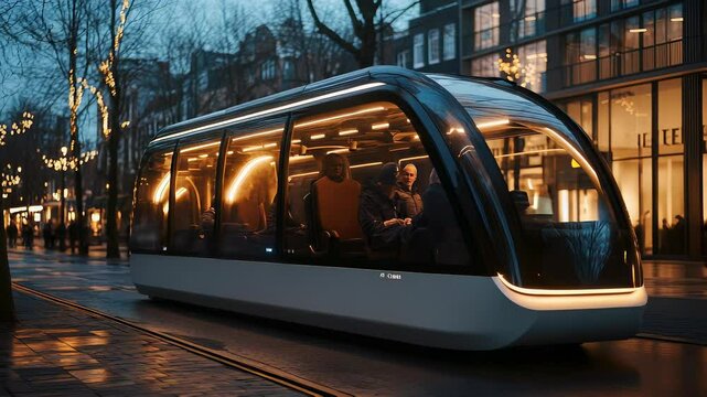 Futuristic Autonomous Tram with Passengers on City Street at Dusk, Modern Public Transportation Concept, Urban Mobility and Sustainable Technology