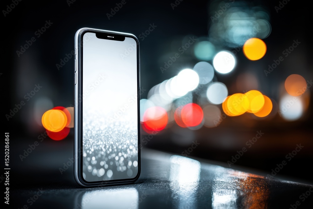Poster a modern smartphone is displayed against the backdrop of blurry city lights at night, creating a bok