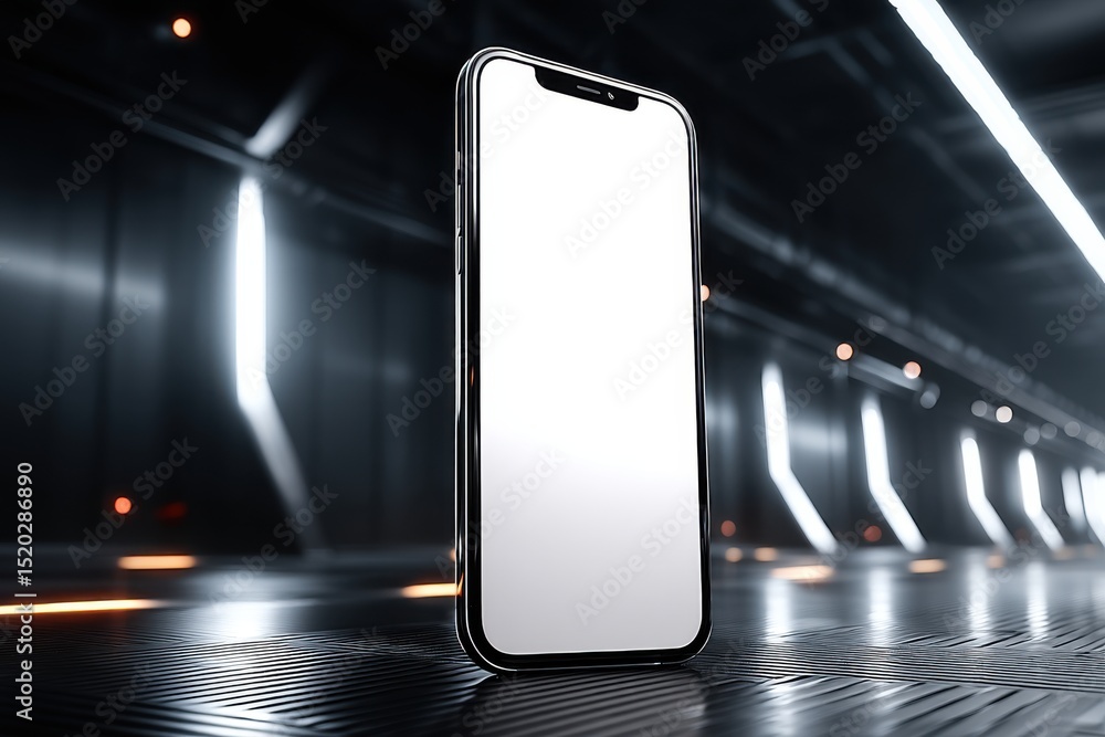 Poster a modern smartphone with a blank white screen placed in a futuristic setting, showcasing cutting-edg