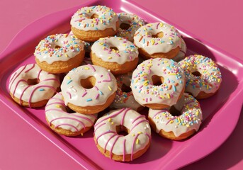 Colorful Donuts with Sprinkles on a Pink Tray, Featuring Vanilla Glaze and Bright Icing in a Cheerful Presentation for Sweet Treat Lovers