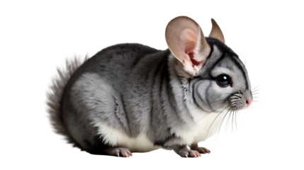 Fluffy chinchilla in mid-jump revealing silvery gray fur under soft studio lighting for a side view portrait