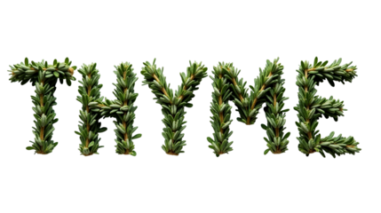 Crafted word from dried thyme leaves and stems forming the word thyme on a clean background