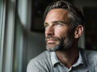 Fototapeta premium thoughtful entrepreneur looking out window, natural light portrait
