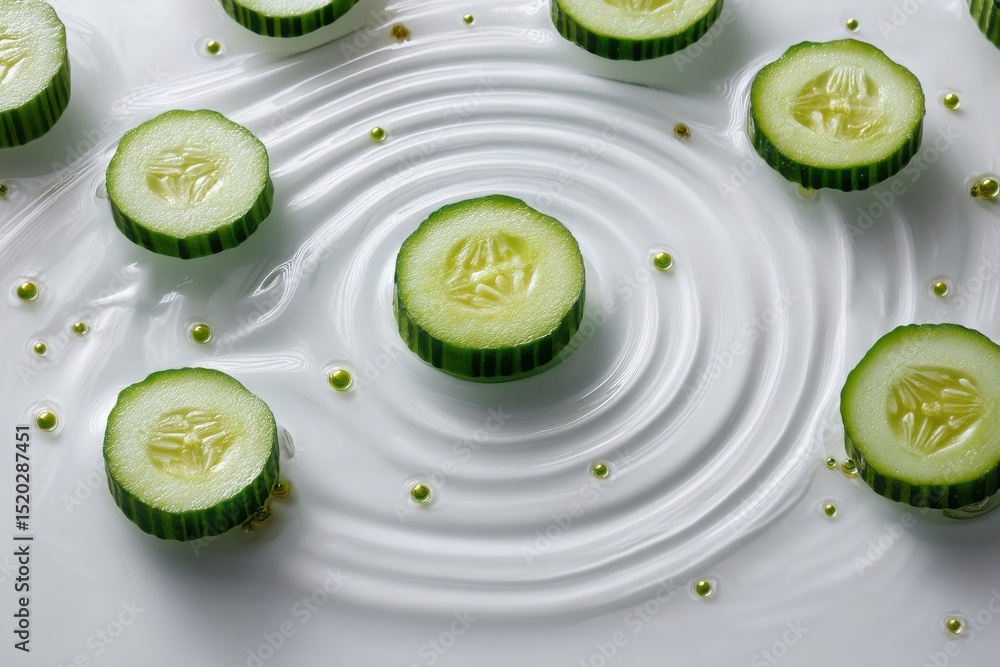 Poster fresh and vibrant cucumber slices arranged on a textured white surface, adorned with tiny golden pea