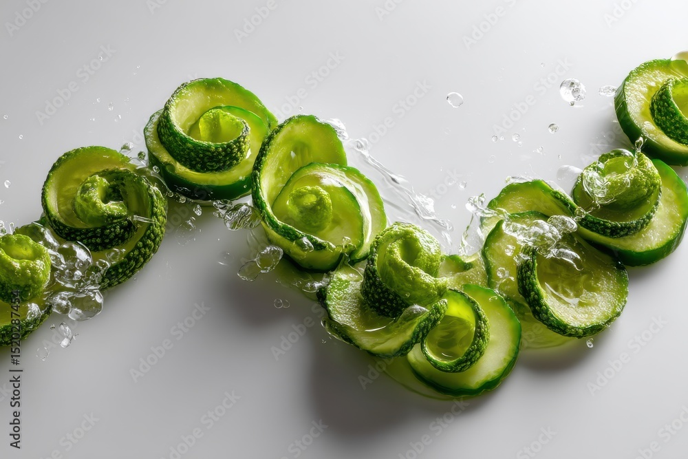 Poster creative arrangement of sliced cucumbers with refreshing water droplets on a white surface, creating