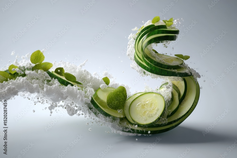 Poster a refreshing display of cucumber slices and mint leaves surrounded by splashing water, arranged in a