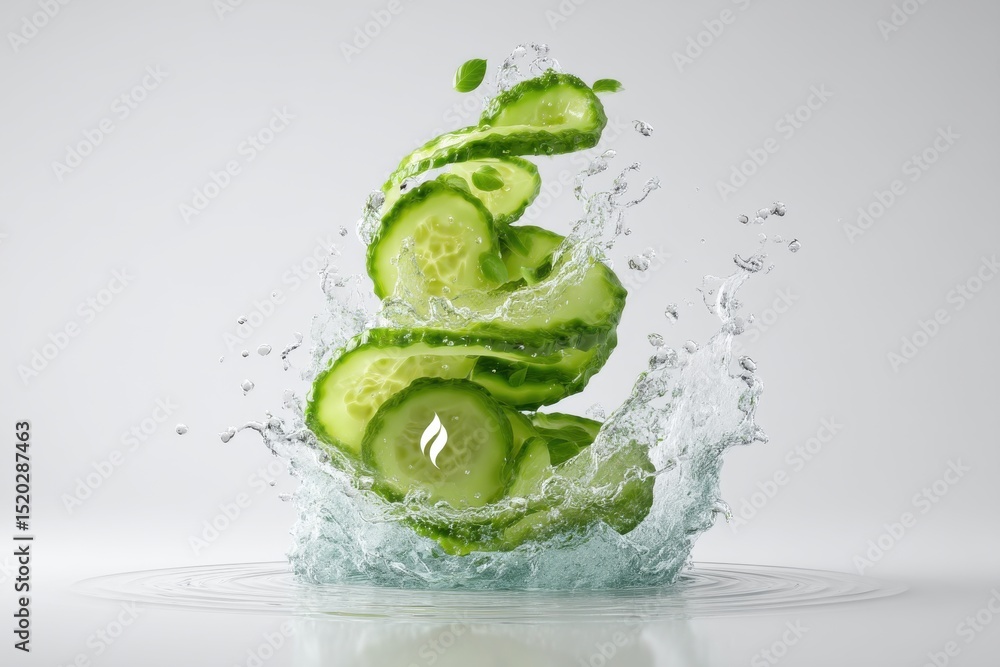 Poster slices of fresh cucumber in a splash of water, creating a vibrant and refreshing display of natural 