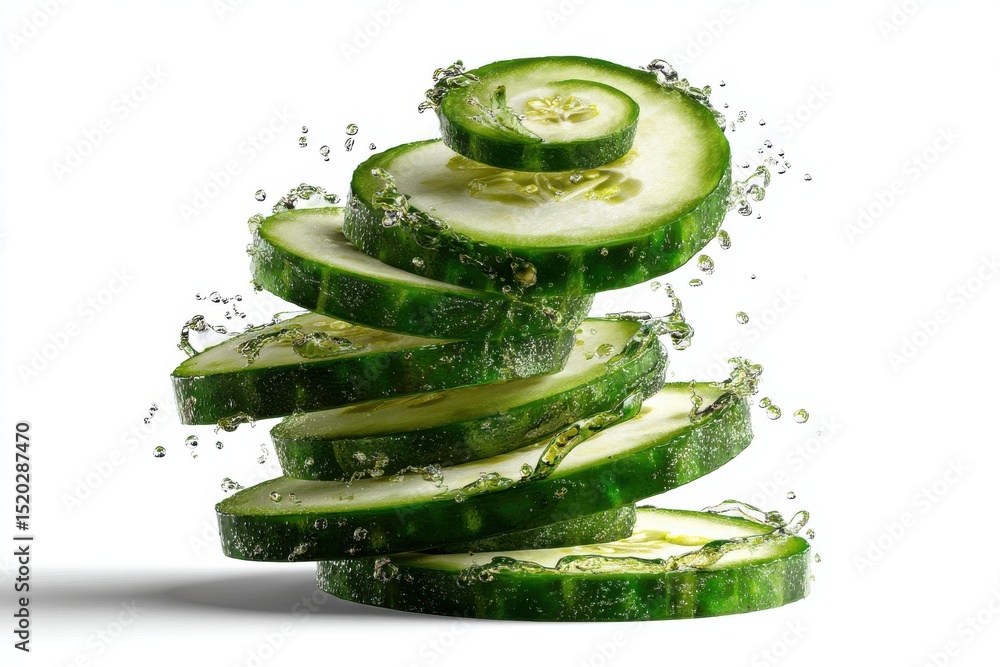 Poster cucumber slices stacked high with water droplets, creating a refreshing and visually appealing displ