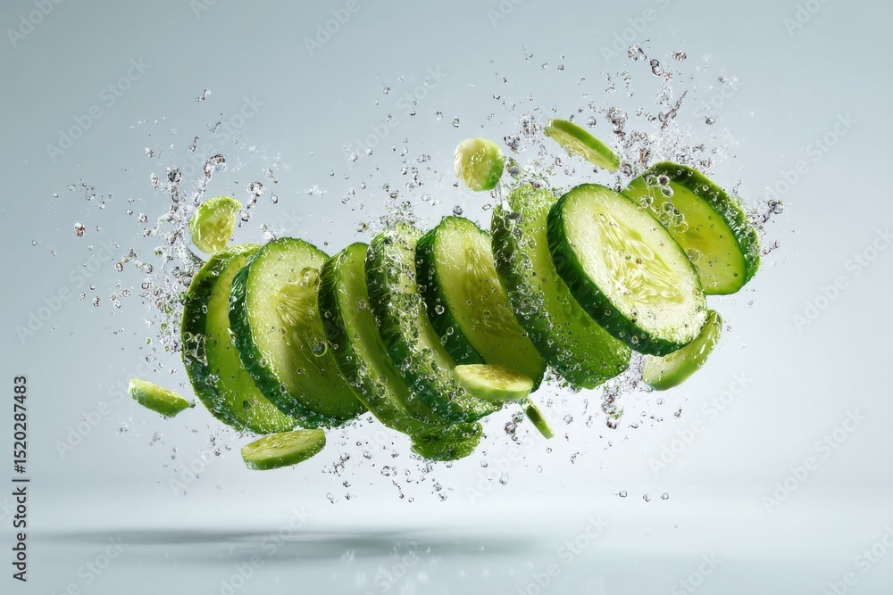 Poster fresh green cucumber slices splashing in water, creating a refreshing and vibrant image, perfect for