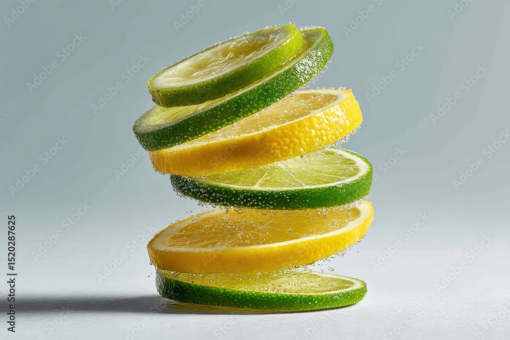 Poster a refreshing arrangement of sliced lemons and limes floating in sparkling water, creating a vibrant 