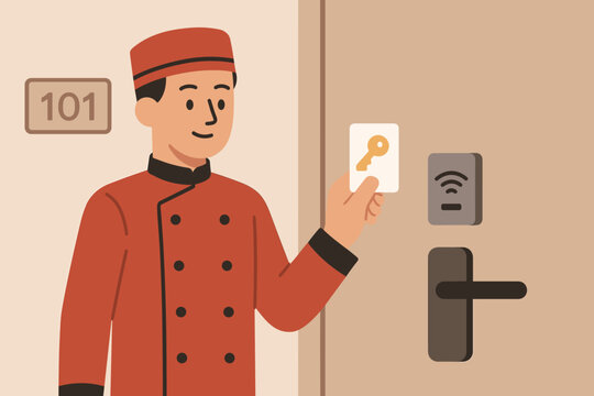 Smiling bellhop in red uniform holds contactless key card at hotel room door with wireless reader. Modern hospitality service, secure access, travel and accommodation vector illustration.