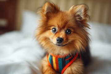 A cute Pomeranian puppy portrait with a playful expression and wearing colorful harness, lying on a soft white blanket, looking directly at the camera with puppy eyes.