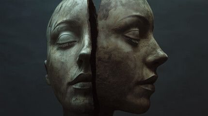 Two women’s faces on a gray background—one shown in a frontal view, the other in side profilecreating a balanced and artistic composition.

