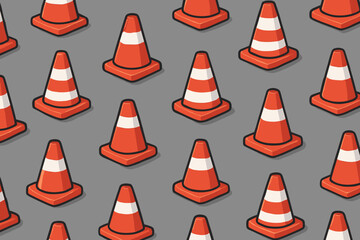 Seamless traffic cone pattern vector illustration. Bright orange and white safety cones on grey background for road work, construction site, and warning design. Repetitive pylon graphic.