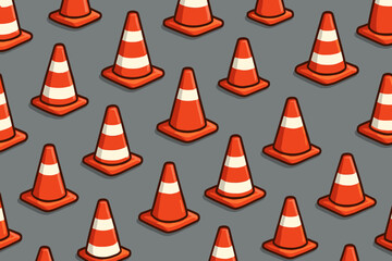 Traffic cone seamless pattern. Bright orange white striped safety cones, isometric perspective. Vector background for road work, construction site, street safety, under construction concepts.