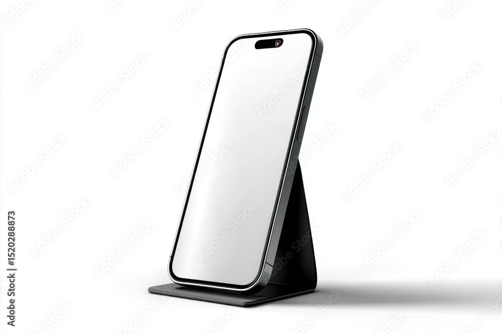 Poster a sleek, modern smartphone on a stand with a blank screen against white background, perfect for show
