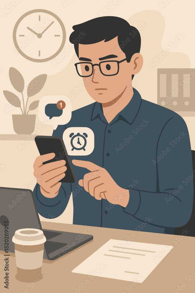 Poster businessman optimizing schedule with time management app on smartphone in office. planning tasks, se