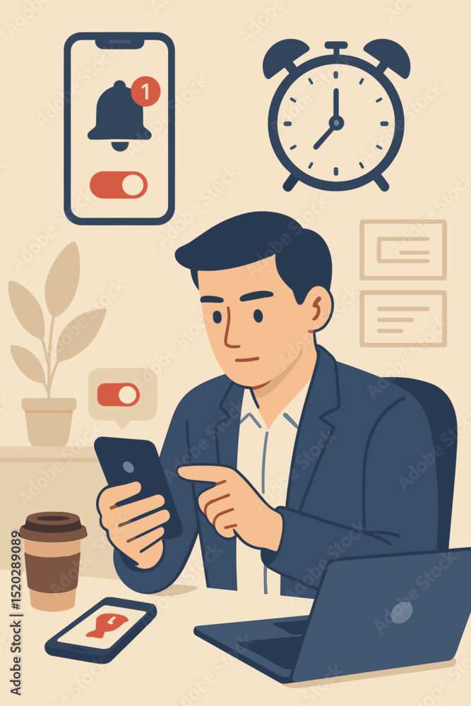 Poster time management concept. businessman at office desk using smartphone for productivity. workflow orga