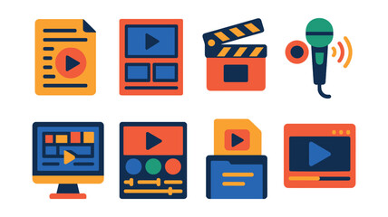 Flat vector icons of video production stages: pre-production script, storyboard panel, shooting clapper, sound check, editing workstation, color grading, final render, distribution platform.