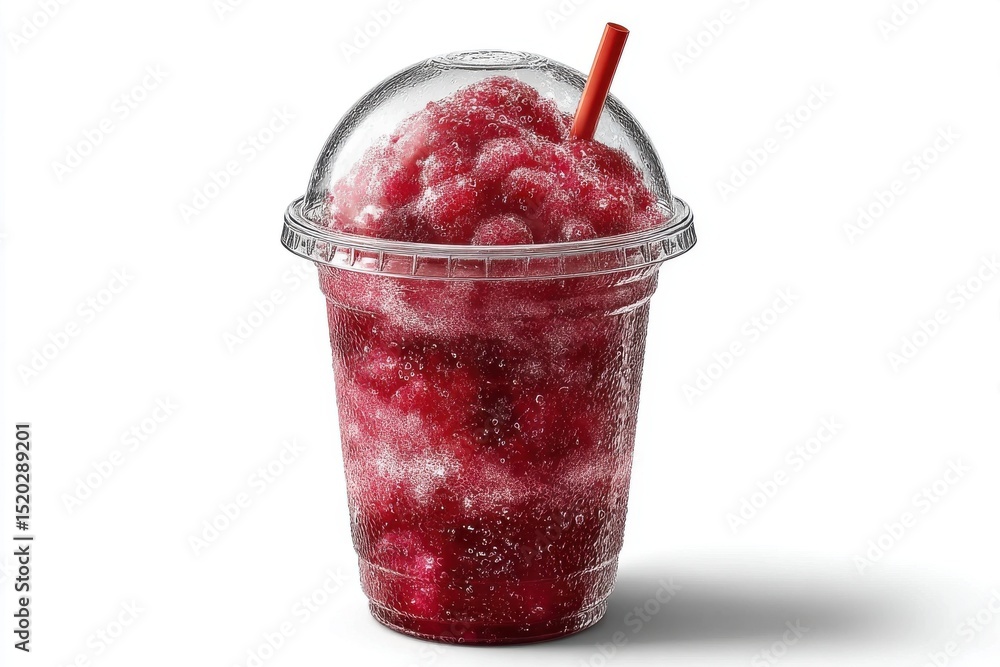 Poster a close-up shot of a refreshing red slushy drink with a straw, displayed against a clean white backg