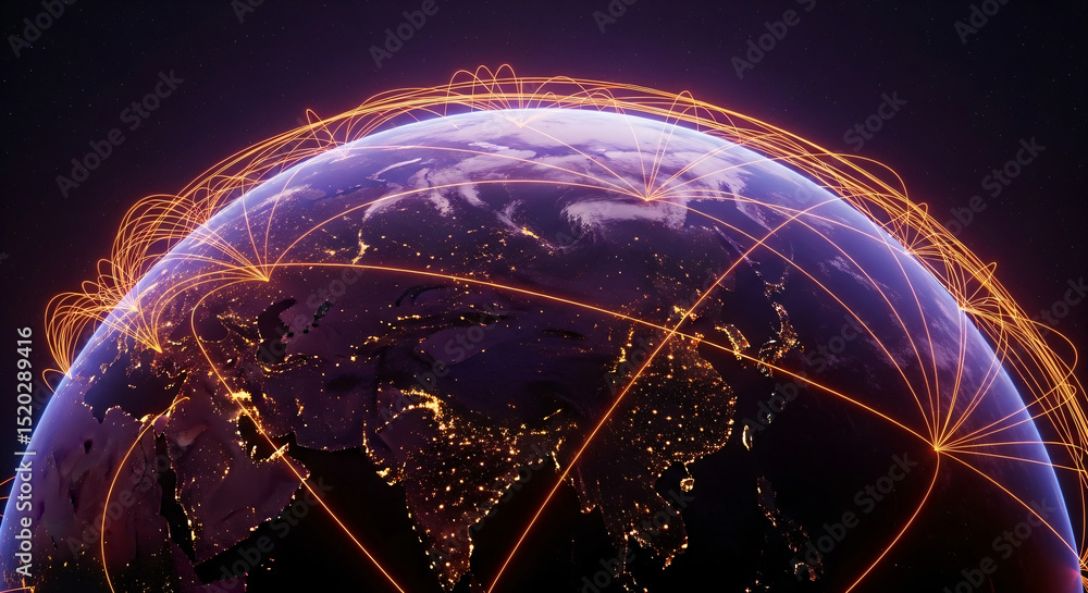 Poster earth globe with glowing neon lines representing global network. world planet with light trails conc