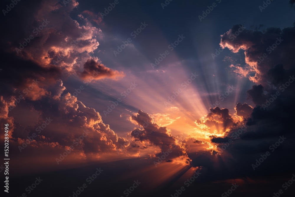Poster dramatic sky with sun rays piercing through the clouds, creating a mesmerizing and atmospheric scene