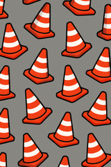 Seamless Pattern of Orange White Traffic Cones on Gray Background. Cartoon Road Safety Cone Repeat Design. Construction, Warning, Hazard, Security, Urban Street Elements Vector Illustration