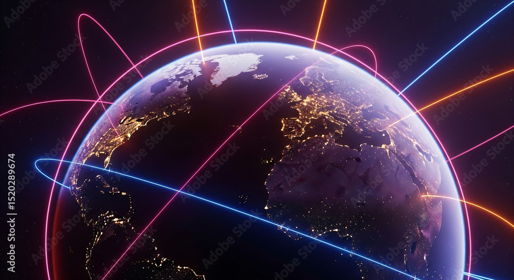 Poster earth globe with glowing neon lines representing global network. world planet with light trails conc
