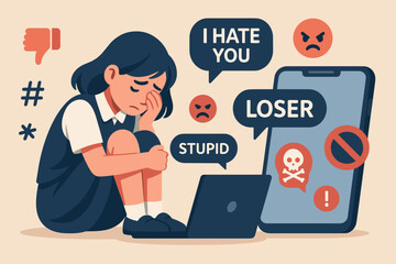 Depressed young girl suffering from cyberbullying, online harassment, and digital abuse with hateful messages on social media causing emotional distress and mental health issues
