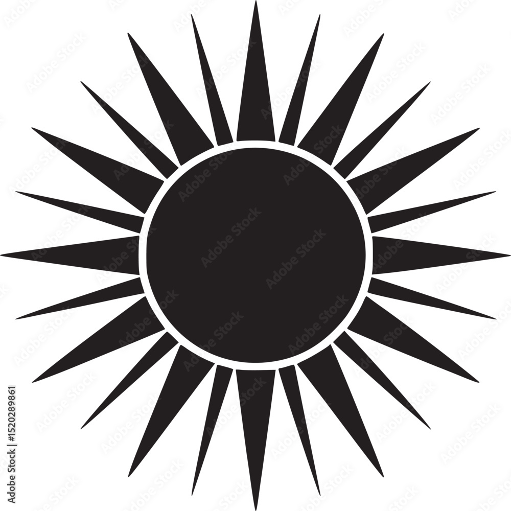 Poster a stark black and white illustration of a sun with sharp rays emanating from a central circle shape