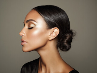 metallic gold eyeliner, sleek low bun, editorial photo 