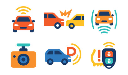Flat vector icons of automotive technology: autopilot, collision detection, lane assist, adaptive cruise control, dashboard camera, parking assist, tire pressure monitor, keyless entry.