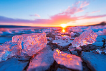 Close Up Textural View Of Fragmented Ice Shards On A Frozen Dark Blue Lake Surface