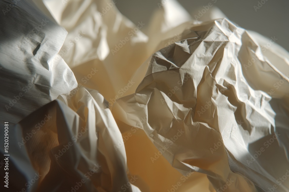 Poster abstract close-up of crumpled white paper with dramatic shadows and subtle warm light creating inter