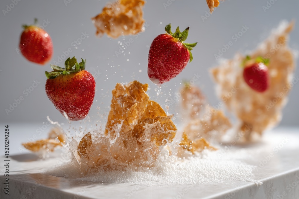 Poster capturing the refreshing essence of a healthy breakfast with splashing strawberries and crispy corn 