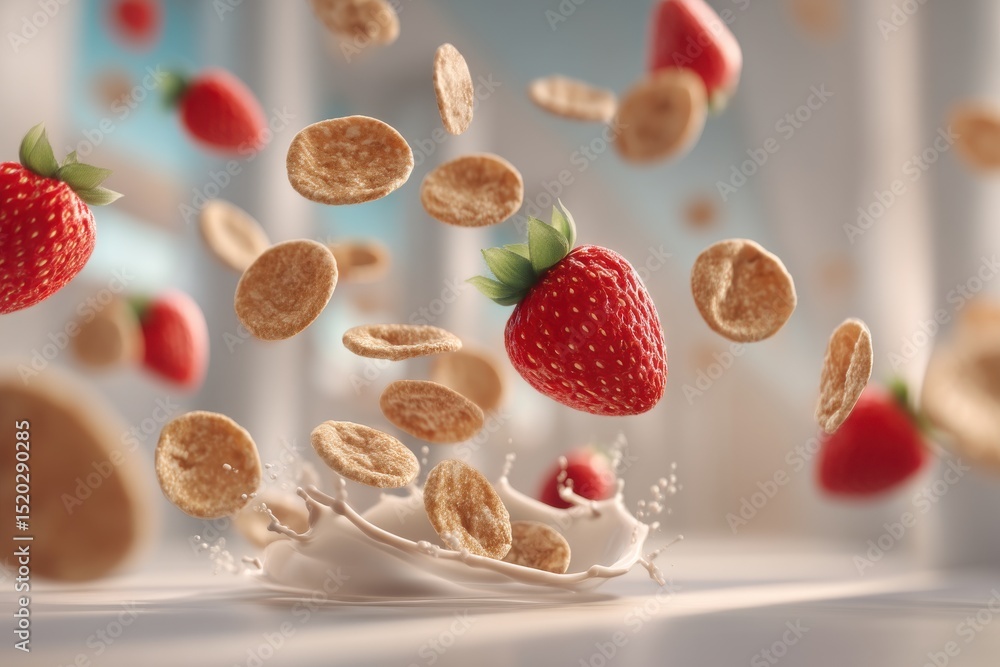 Aufkleber delicious breakfast scene featuring strawberries and cereal falling into milk with a splash, creatin